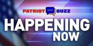 Patriot Buzz Happening Now with blurred American flag