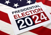 Presidential Election 2024 sign on American flag