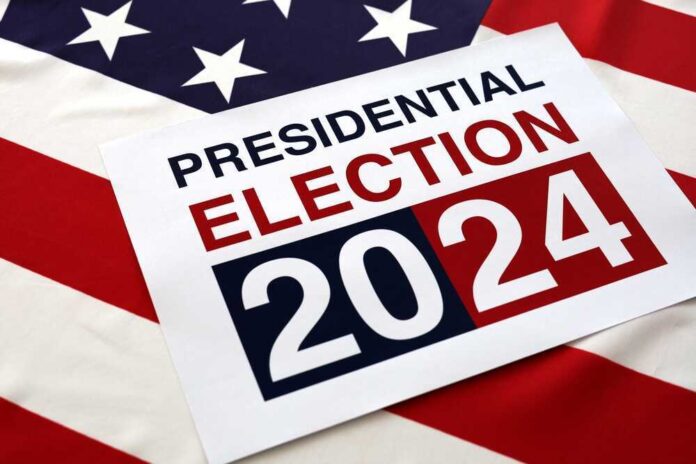 Presidential Election 2024 sign on American flag