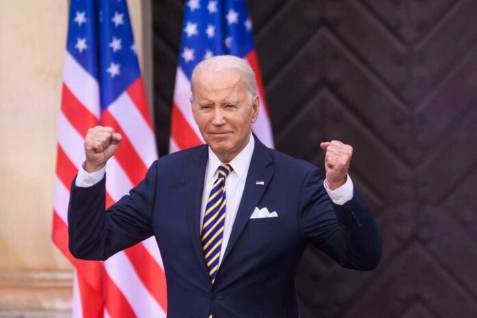 Joe Biden posing with American flags.