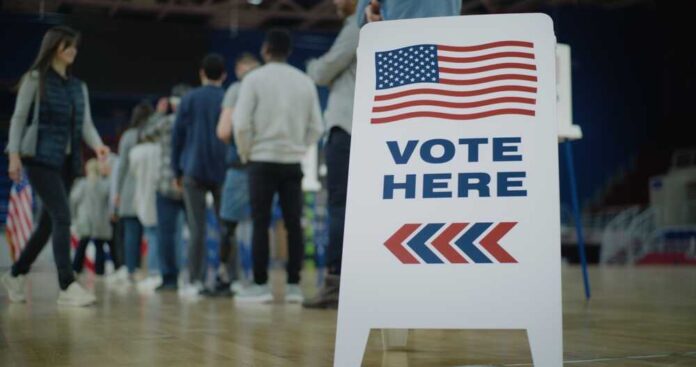 People in line next to Vote Here sign