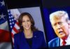 Kamala Harris and Donald Trump on screens, American flag.