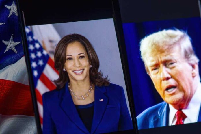 Kamala Harris and Donald Trump on screens, American flag.