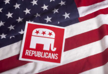 Republican party logo on American flag background.