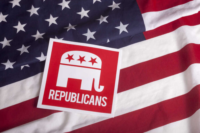 Republican party logo on American flag background.