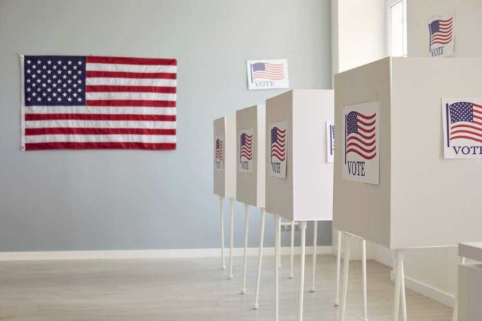 Polling booths with American flags and Vote signs.