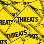 Yellow signs with the word threats overlapping