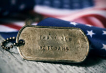 Rusty Veteran's badge with American flag behind