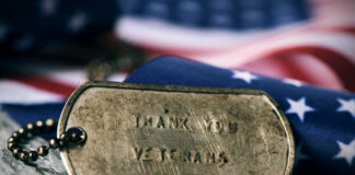 Rusty Veteran's badge with American flag behind