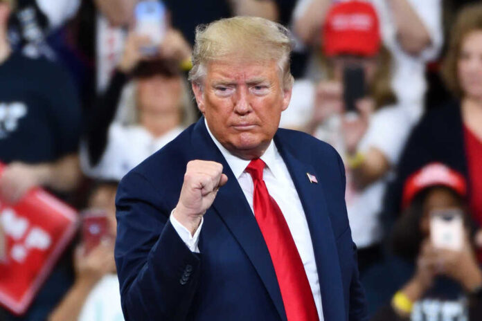 Donald Trump at a rally, raising his fist.