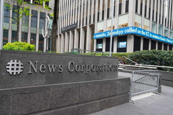 News Corporation building with electronic news ticker