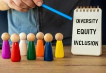 Colored figures and notepad with Diversity, Equity, Inclusion