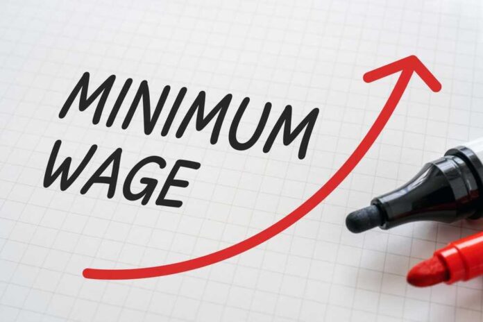 Minimum Wage text with an upward arrow and markers.