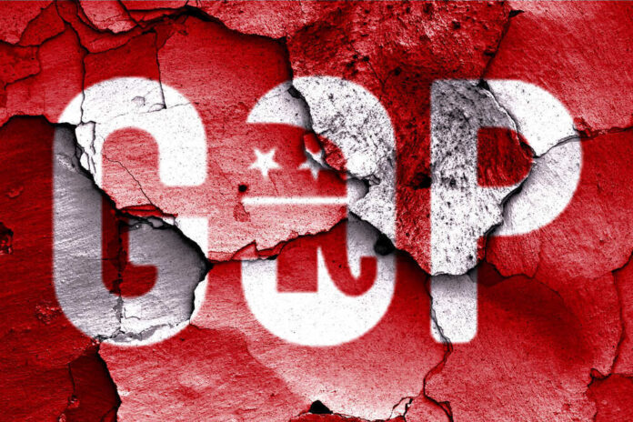 GOP logo with a cracked red background.