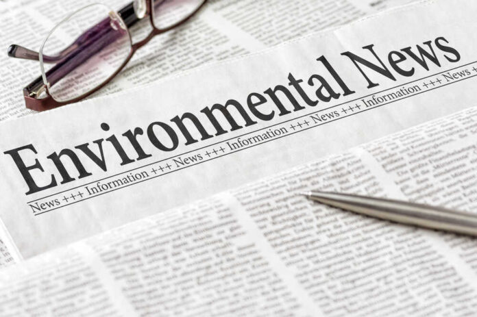 Newspaper headline reads "Environmental News," with glasses nearby.