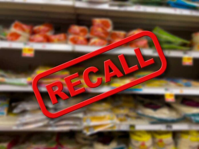 Recall notice over grocery store shelves.