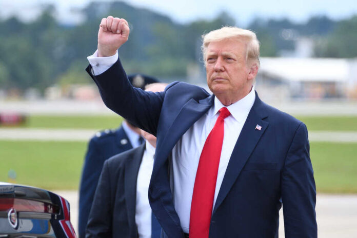 Donald Trump raising their arm in a fist gesture near a car.