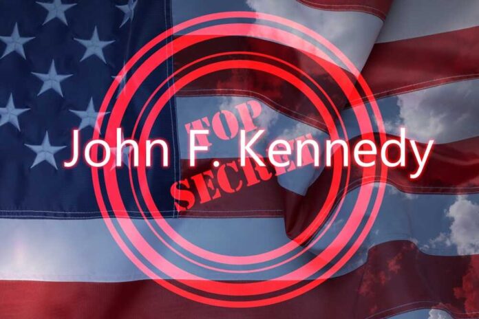 shutterstock_2157577739.jpg featured image American flag with JKF top secret overlay text