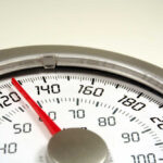 Close-up of an analog bathroom scale display.