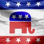 Republican party flag with elephant and stars.