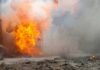 A large explosion with flames and smoke.