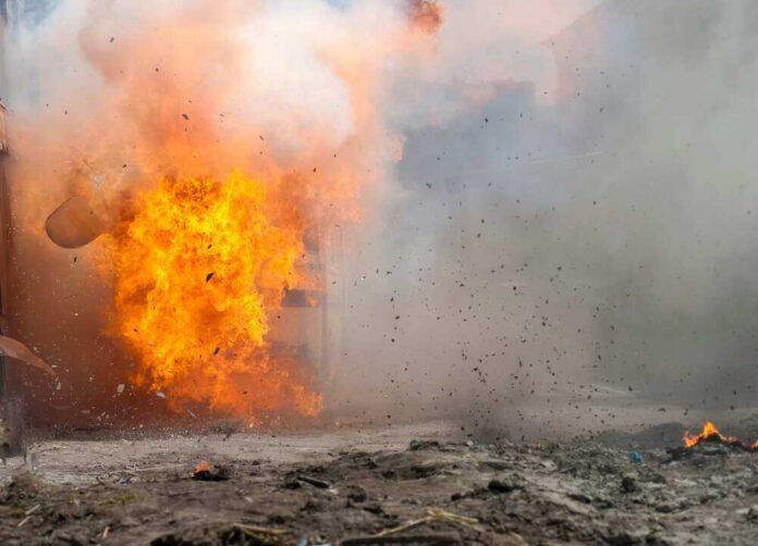 A large explosion with flames and smoke.