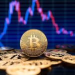 Bitcoin coins with a fluctuating price chart background.