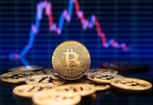 Bitcoin coins with a fluctuating price chart background.