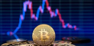 Bitcoin coins with a fluctuating price chart background.