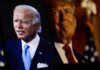 Joe Biden and Donald Trump in separate portraits.