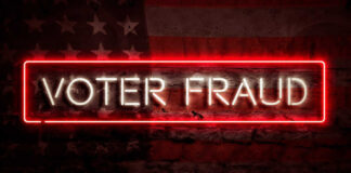 Neon sign reading Voter Fraud on American flag background.