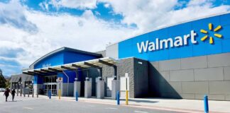 Walmart store entrance with blue skies above