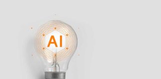Lightbulb with AI text and digital lines