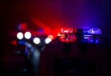 Police car lights shining in the dark