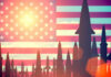 Missiles silhouetted against American flag background with sunset