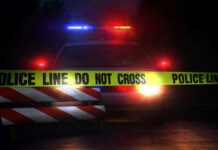 Police car with flashing lights behind caution tape
