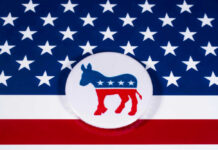 Democratic Party donkey logo on American flag background