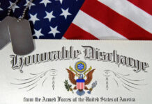 Military dog tags on honorable discharge certificate