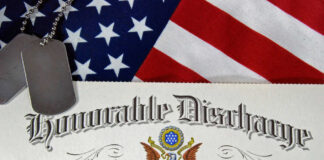 Military dog tags on honorable discharge certificate