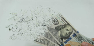 Hundred dollar bills disintegrating in hand