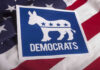 Democratic Party donkey logo on American flag background