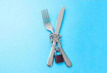 Fork and knife chained together with padlock