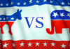 Democratic donkey vs. Republican elephant on American flag background.