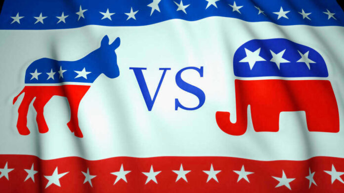 Democratic donkey vs. Republican elephant on American flag background.