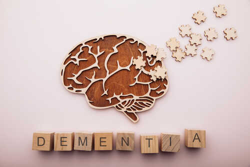 Wooden brain illustration with puzzle pieces and the word DEMENTIA spelled out in blocks