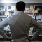 Man examining investigation board with photos and notes