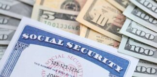 A social security card placed on top of various denominations of US currency