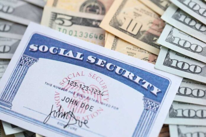 shutterstock_2610881589.jpg A social security card placed on top of various denominations of US currency