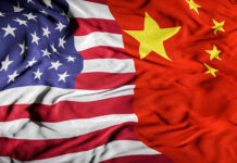 Merged American and Chinese flags