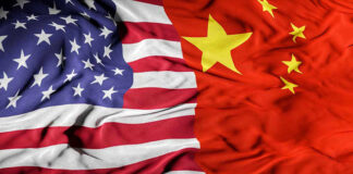 Merged American and Chinese flags